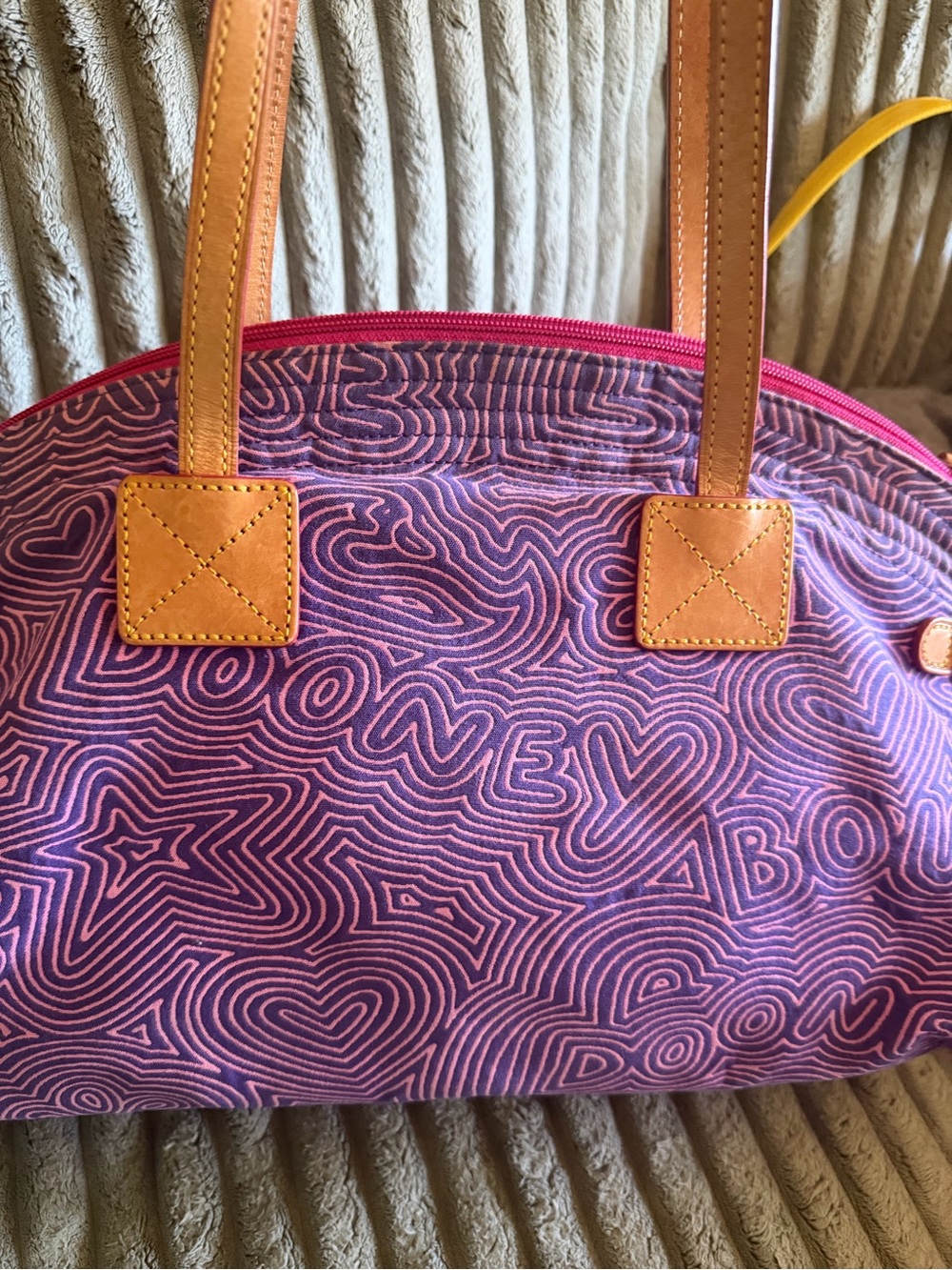 Dooney & Bourke Purple Tote with Pink Pattern and Tan Handles - Picture 3 of 6